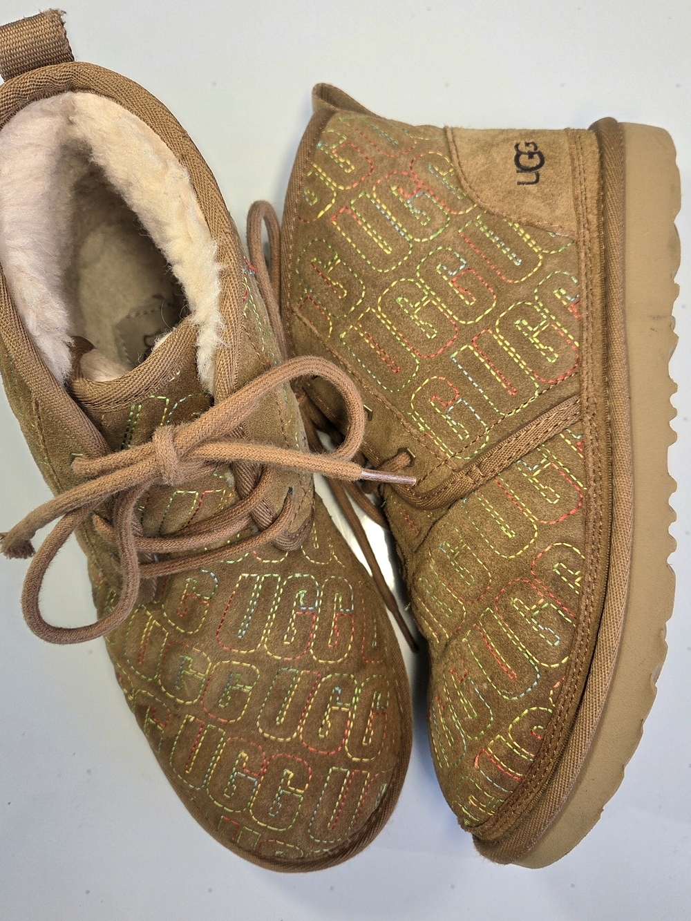 UGG 'Neumel II'Suede Tan Lace-Up Multicolored Logo Quilted Boots Womens 8 Kids 6